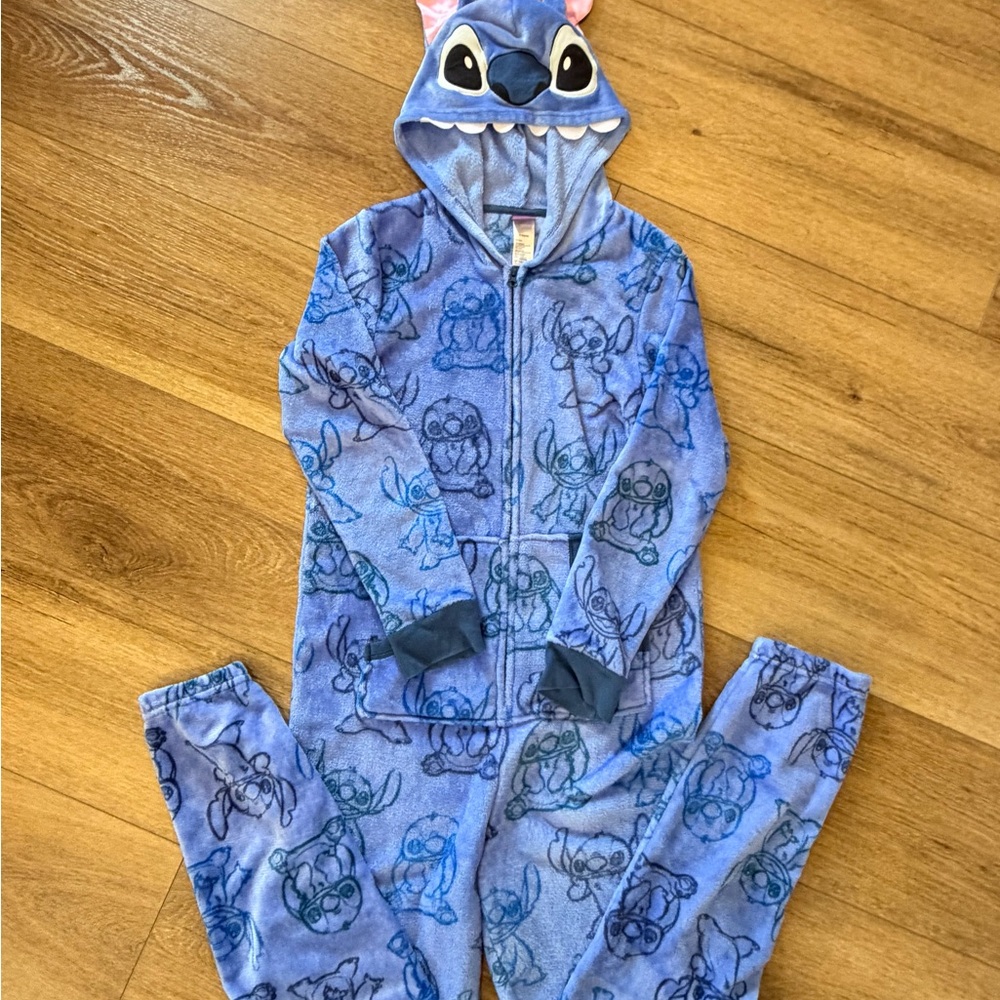 ⭐️4 for $20 Disney Blue Stitch Plush Hooded Footie Pajamas